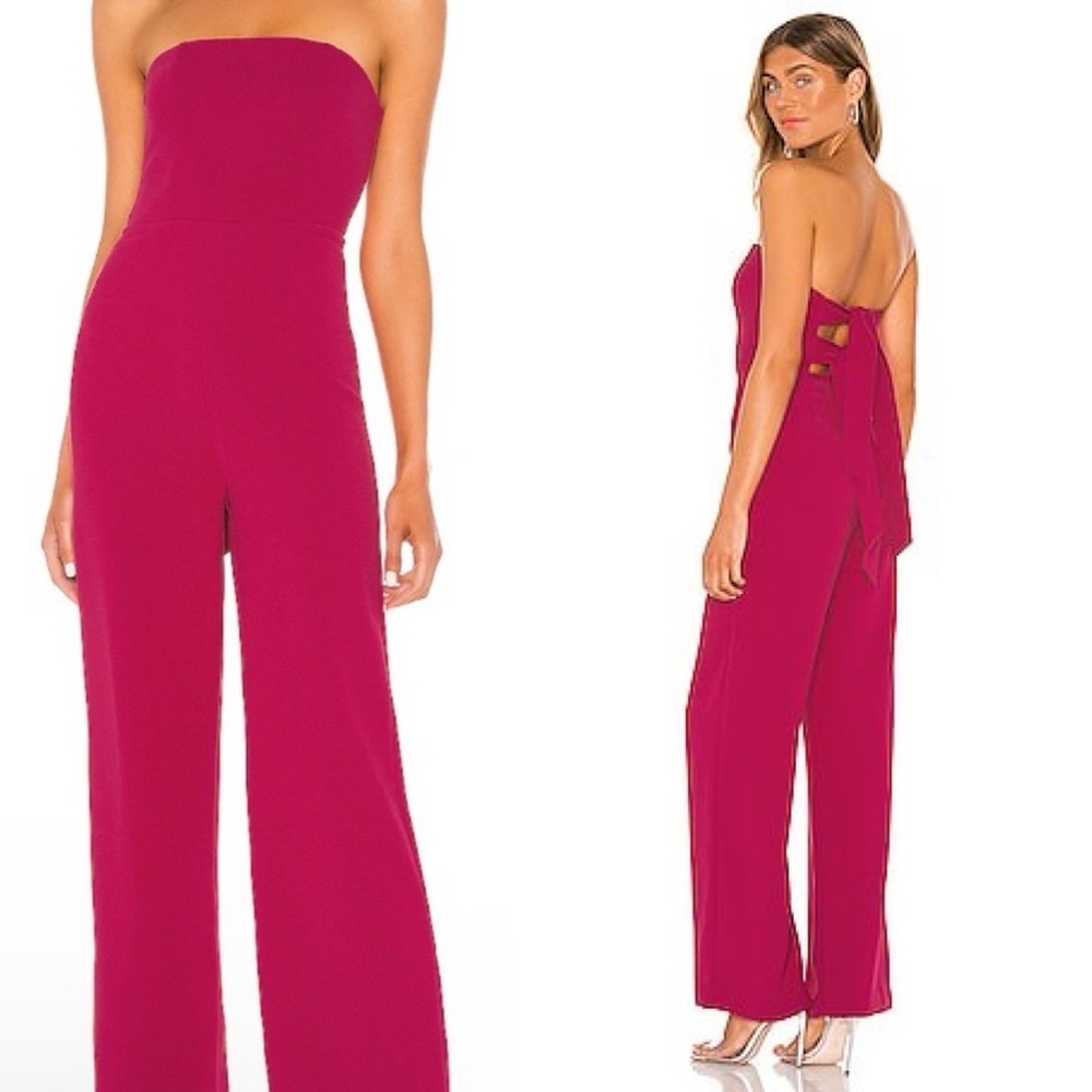 NBD Ivy Jumpsuit Medium Raspberry strapless tie back wide leg cocktail event‎